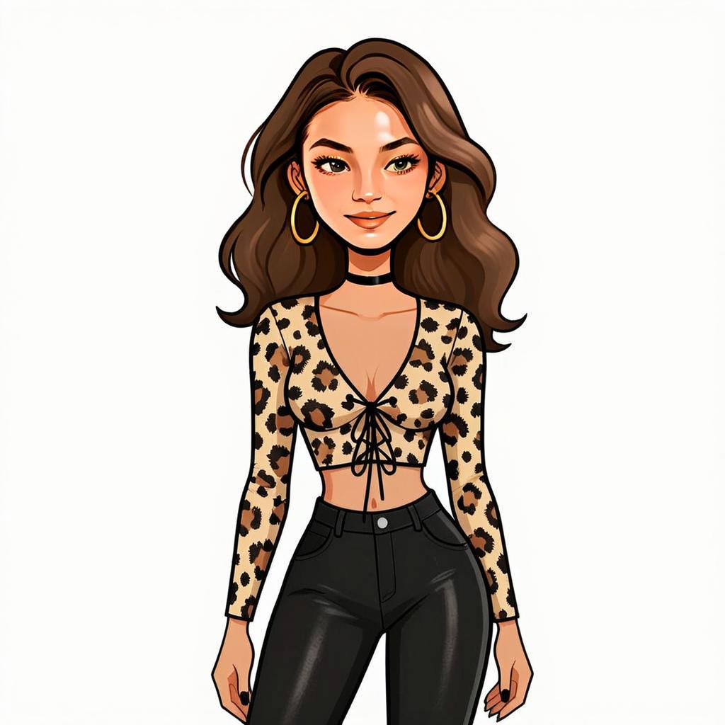 Stylish Woman Wearing Leopard Print Crop Top and Black Pants Digital Illustration