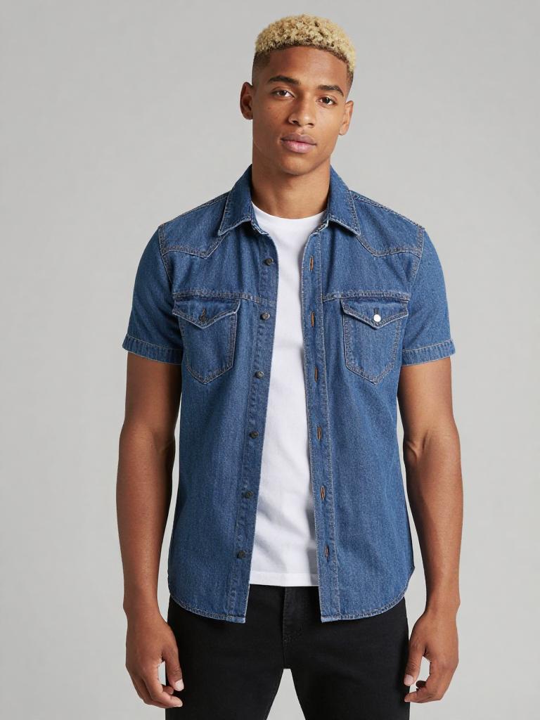 Gen Z Young Man Wearing Short Sleeve Denim Shirt Casual Fashion