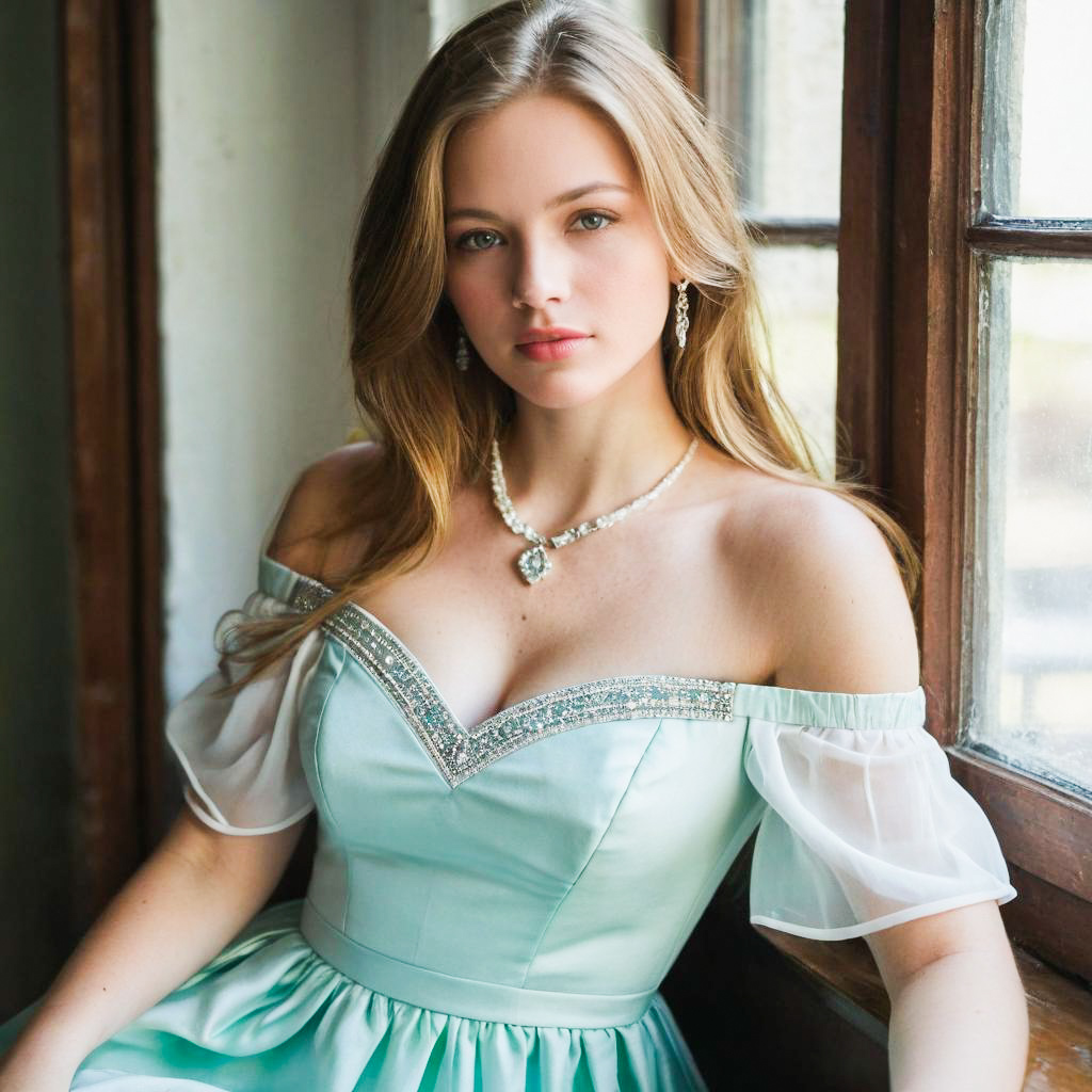 Young Woman in Mint Green Gown by Window Young Woman in Mint Green Gown by Window