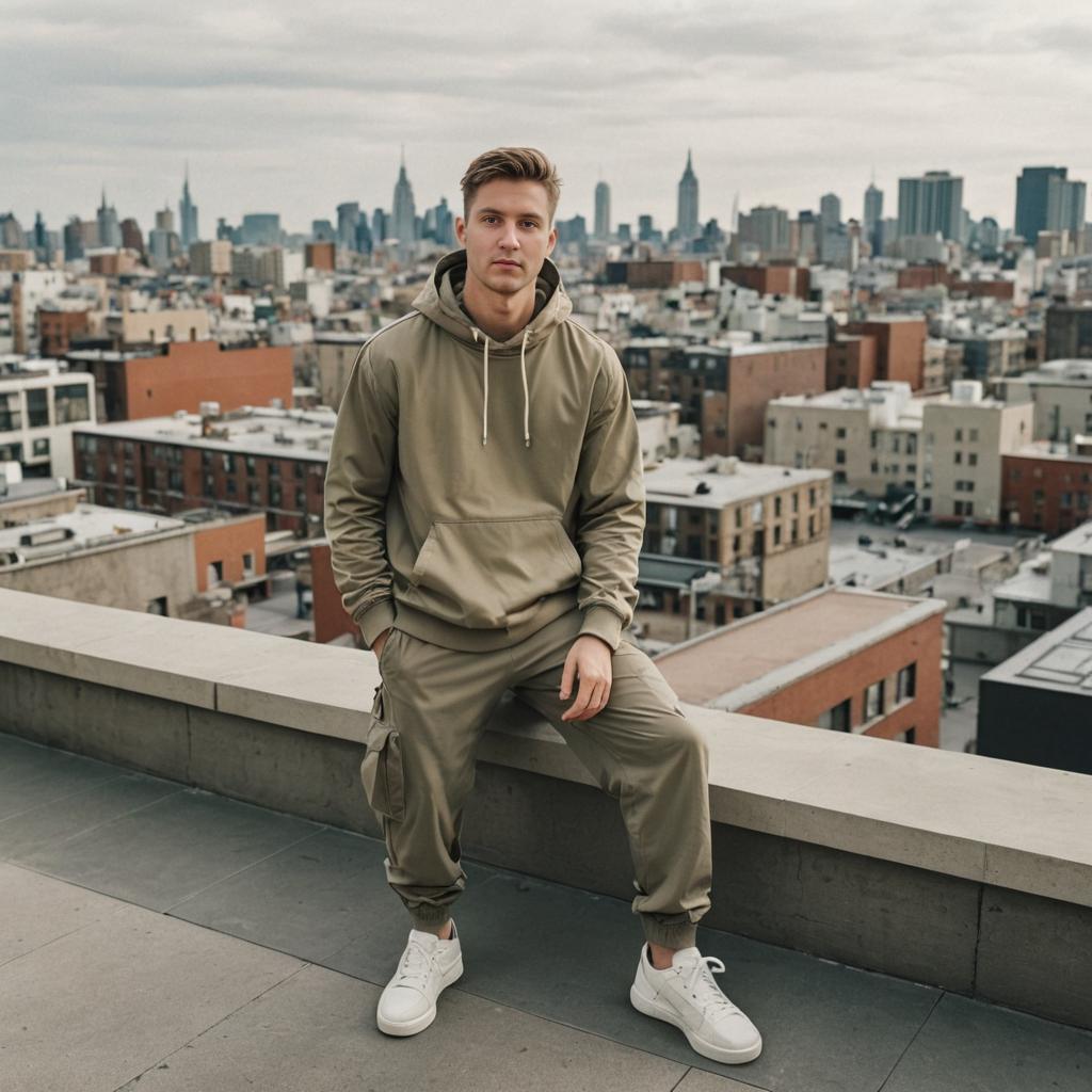 Stylish Man Poses Pensively on Rooftop with Cityscape