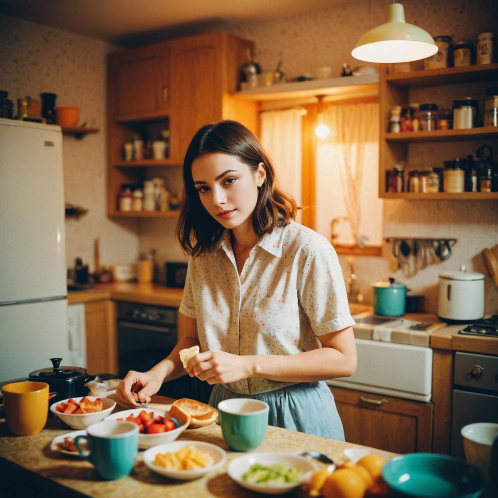 Woman Preparing Meal in Vintage Kitchen