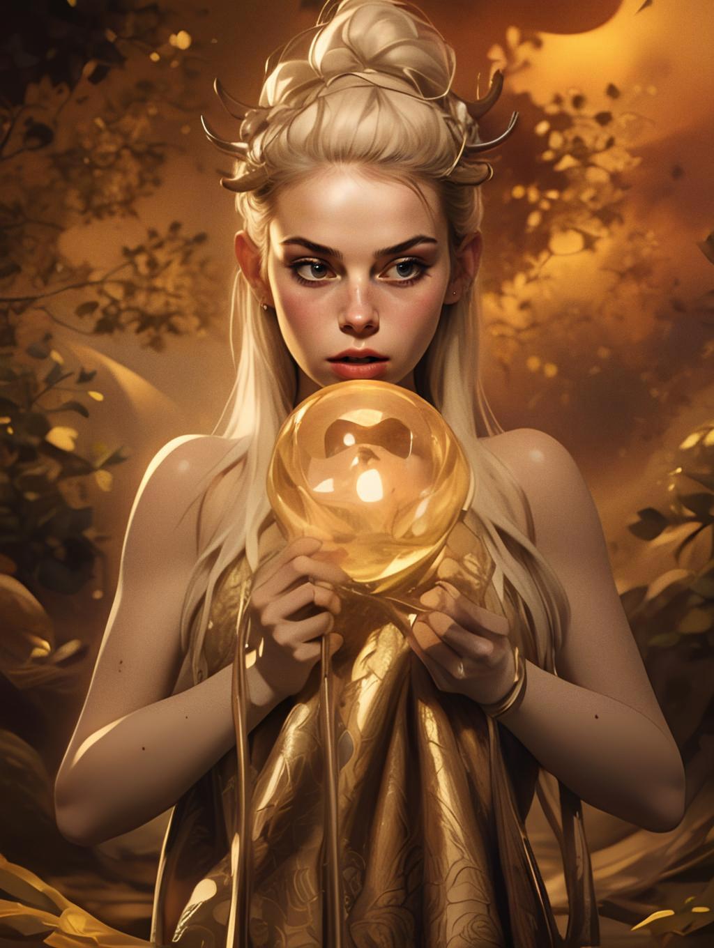 Mystical Woman Holding Glowing Golden Orb in Enchanted Forest