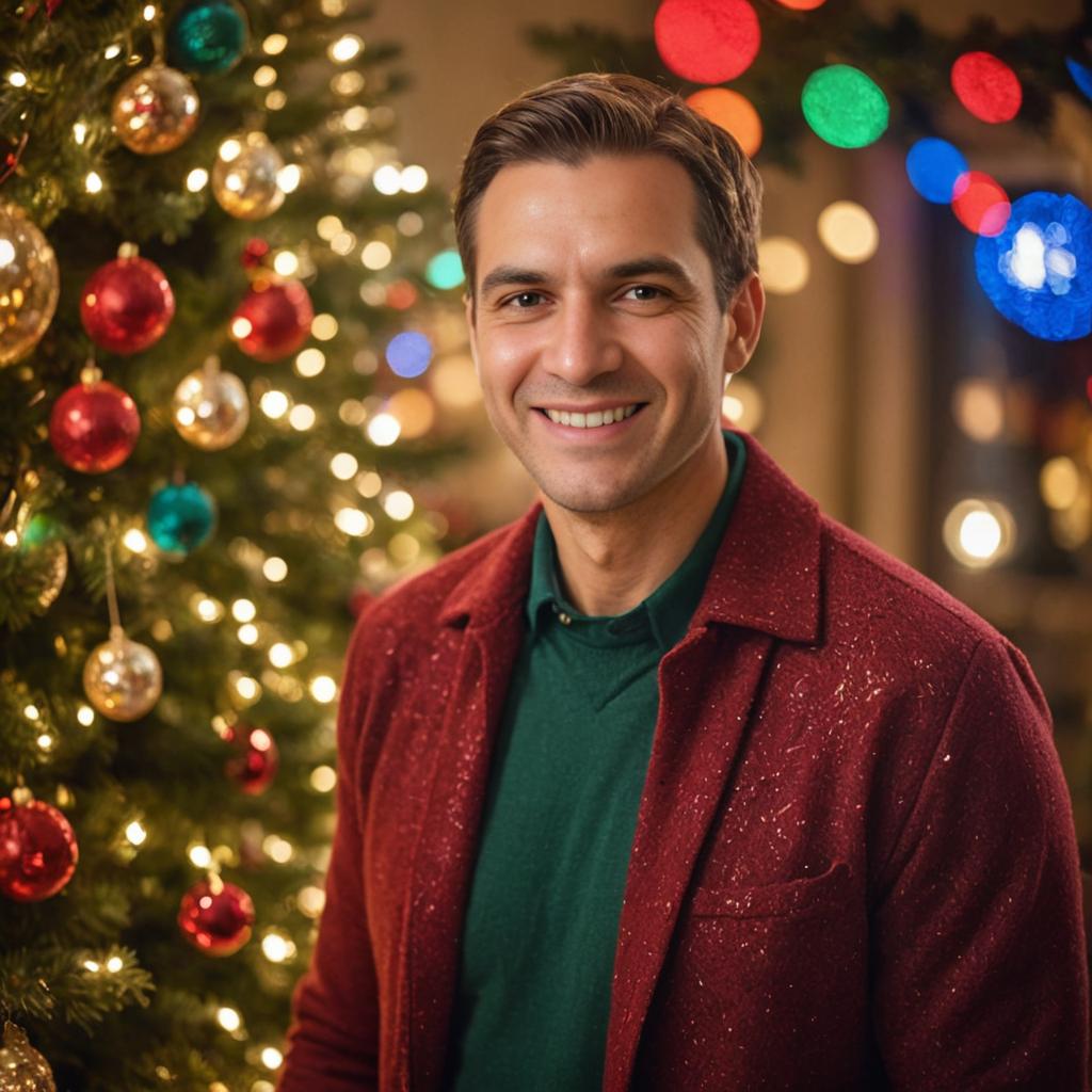 Smiling man in front of Christmas tree