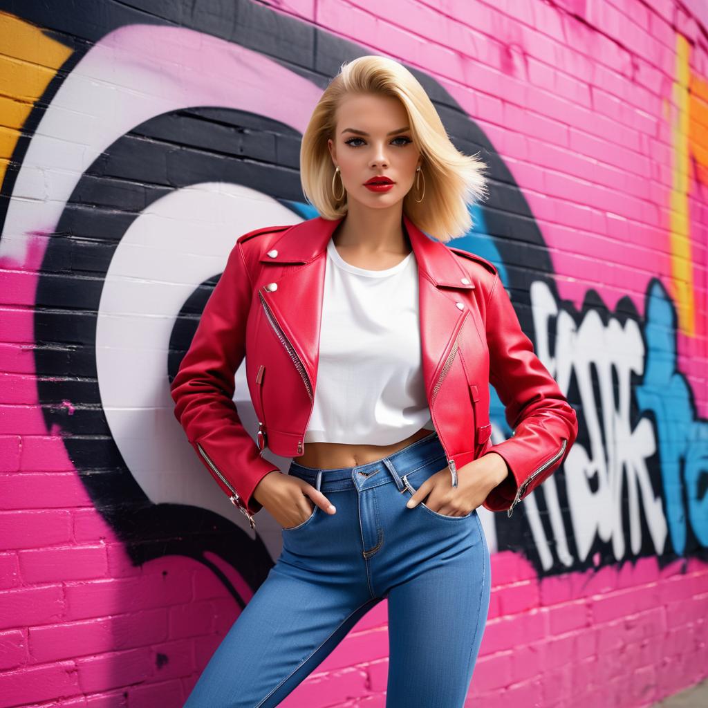 Stylish Woman in Red Jacket Against Graffiti