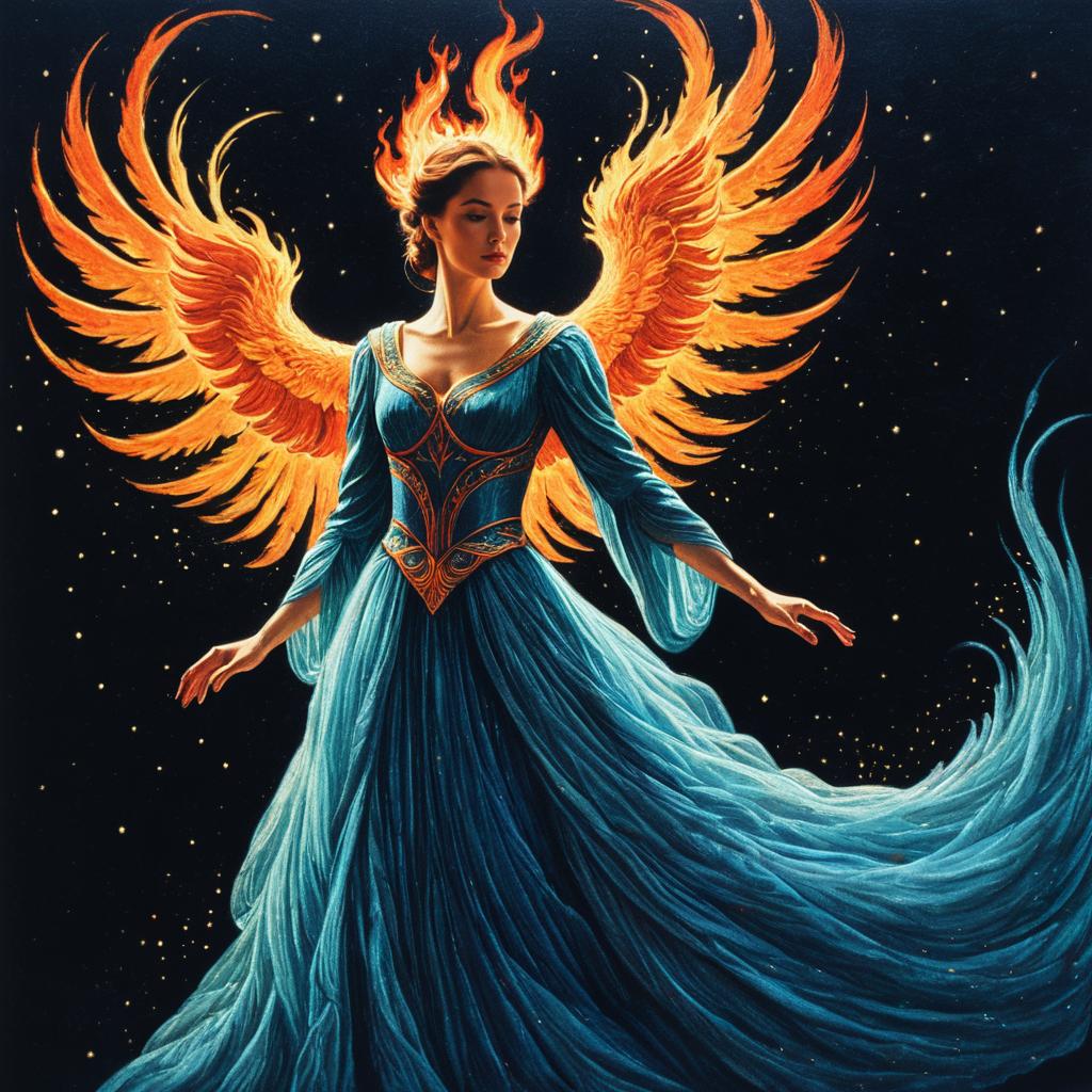 Fantasy Digital Art of Woman with Fiery Wings and Blue Gown