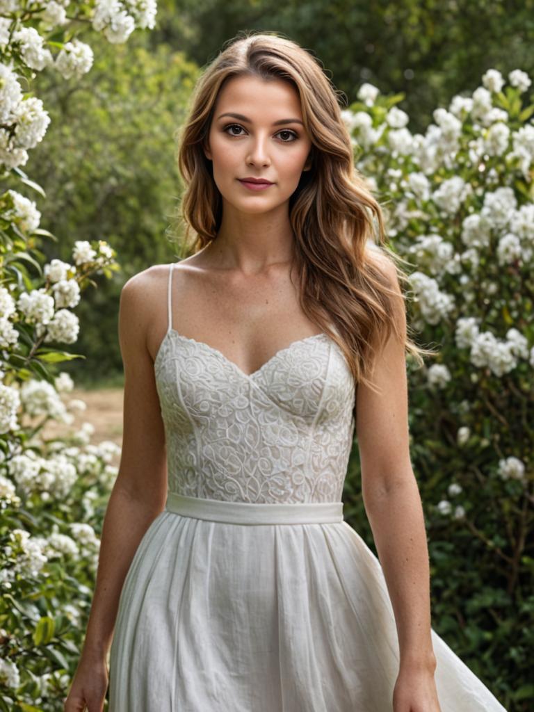 Young Woman in Elegant White Lace Dress in Lush Garden