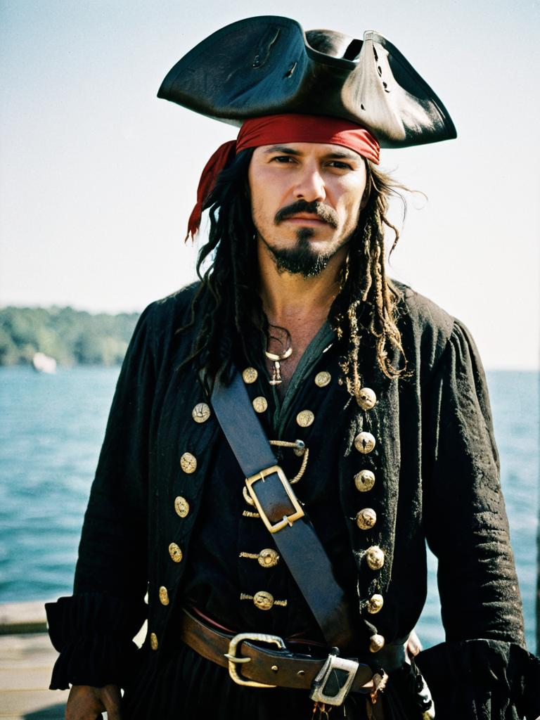 Man Wearing Authentic Pirate Costume by the Water Man Wearing Authentic Pirate Costume by the Water