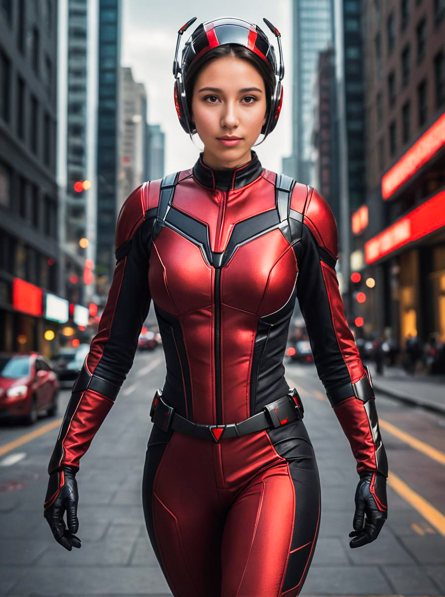 Woman in Ant-Man Costume in Urban Setting