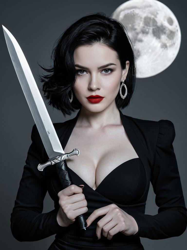 Fierce Woman Holding Sword with Full Moon Background in Gothic Style