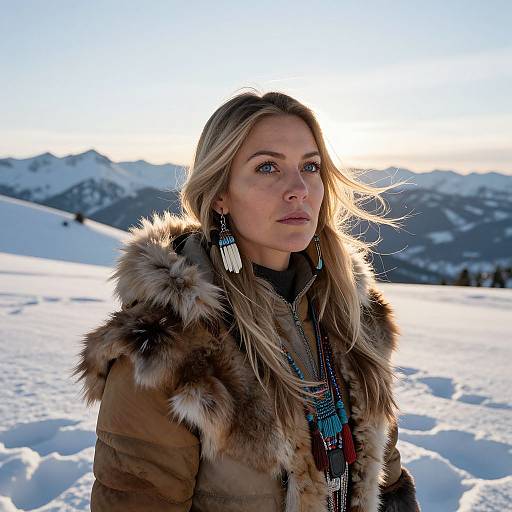 Blonde Woman in Fur Coat with Beaded Jewelry in Snowy Mountain Landscape