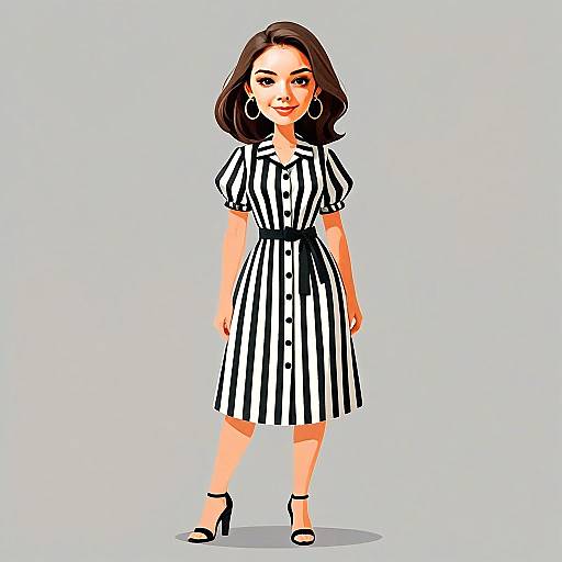 Stylish Woman in Black and White Striped Dress with Pretty Hair Illustration