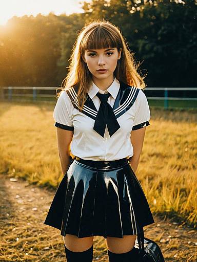 Woman in Latex Schoolgirl Costume Photorealistic Outdoor Portrait