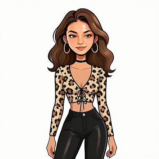 Stylish Woman Wearing Leopard Print Crop Top and Black Pants Digital Illustration