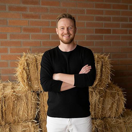 Smiling Man Standing by Straw Bales in Rustic Setting