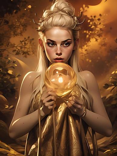 Mystical Woman Holding Glowing Golden Orb in Enchanted Forest