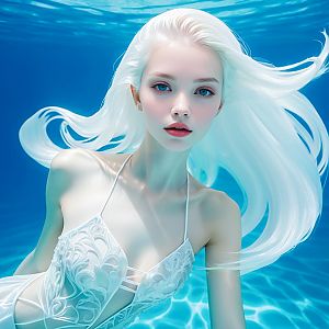 Ethereal Underwater Portrait of a Woman with White Hair