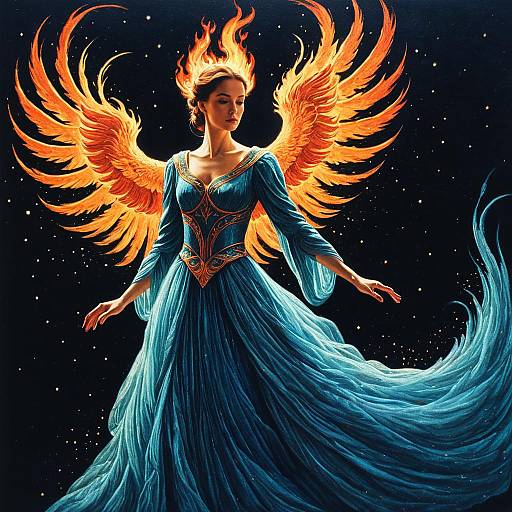 Fantasy Digital Art of Woman with Fiery Wings and Blue Gown