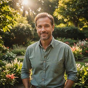 Middle-aged man in garden during golden hour