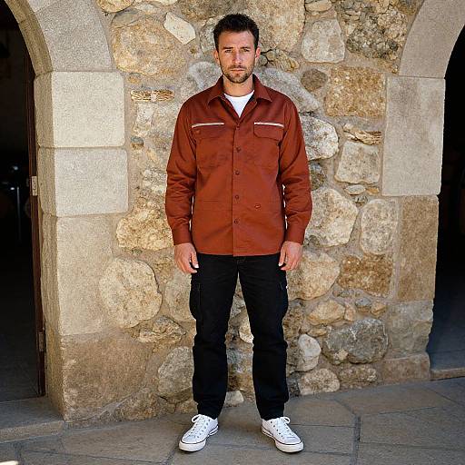 Man Wearing Rust-Colored Shirt and Black Pants Standing by Stone Wall