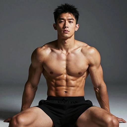 Muscular Young Man Fitness Model Sitting in Black Shorts