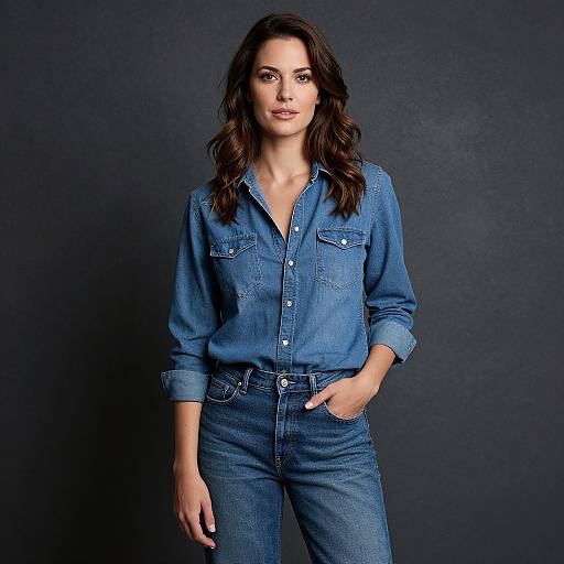 Confident Woman Wearing Denim Shirt and Jeans Against Dark Background