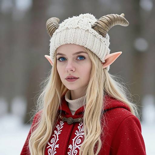 Woman in Red Embroidered Coat with Horned Hat and Elf Ears in Winter Forest