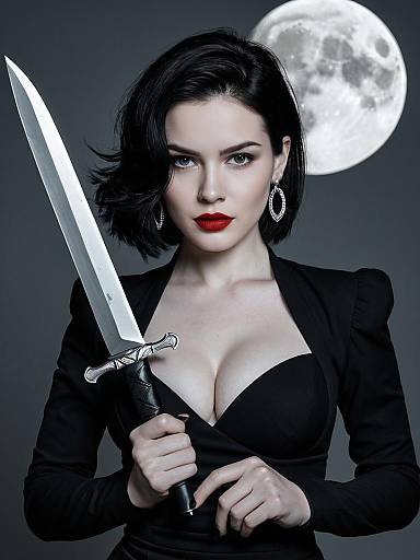 Fierce Woman Holding Sword with Full Moon Background in Gothic Style