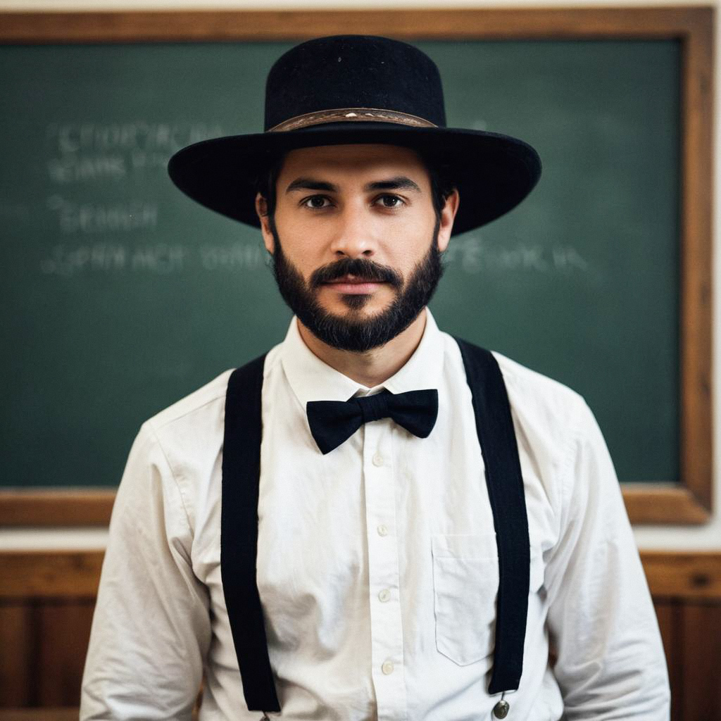 Amish man in traditional clothing at chalkboard