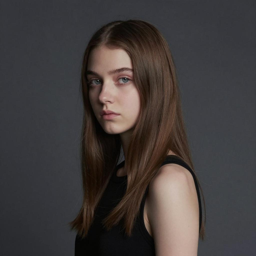 Portrait of Young Woman with Long Brown Hair in Black Top