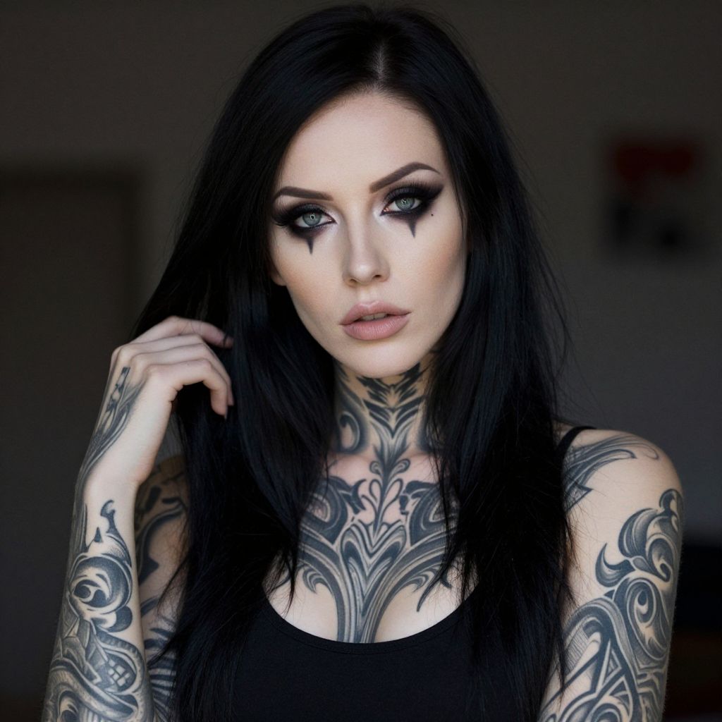 Portrait of Tattooed Woman with Gothic Makeup and Black Hair