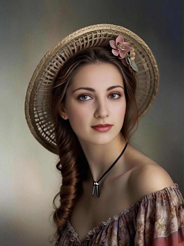 Young Woman in Straw Hat with Floral Accent