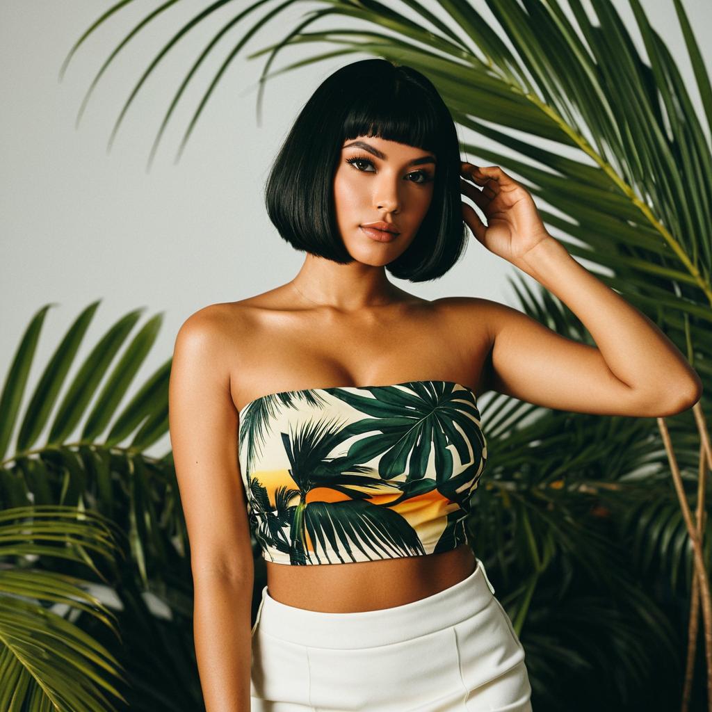 Stylish Woman in Tropical Print Crop Top with Bob Haircut
