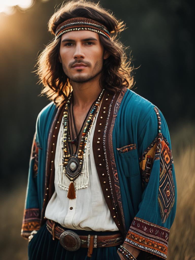 Man in Bohemian Style Outfit Photorealistic Fashion Portrait