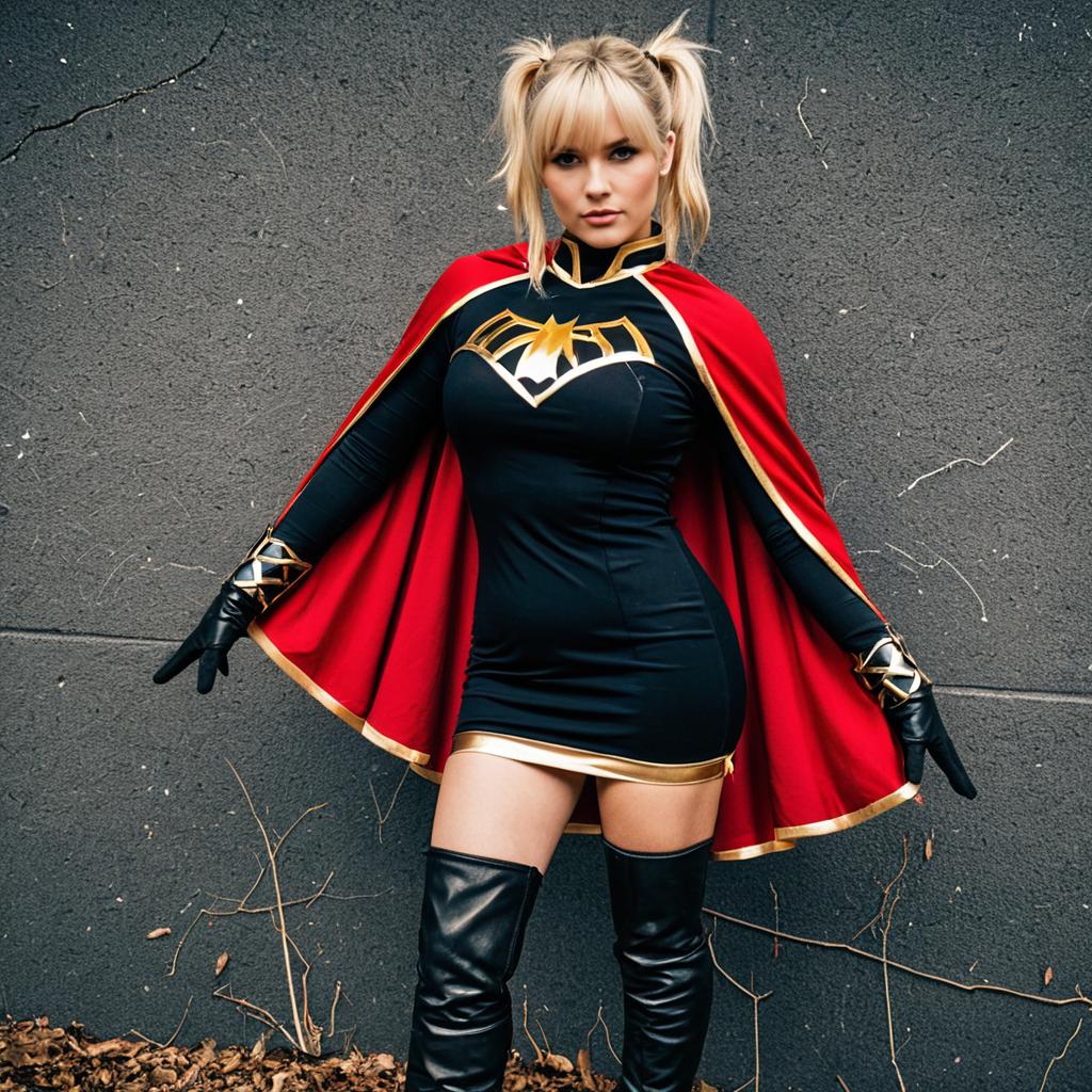 Woman in Modern Superhero Costume with Red Cape and Black Dress