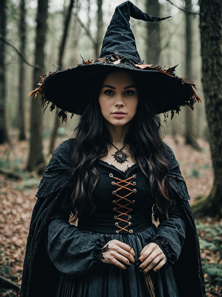Photorealistic Dark Fantasy Cosplay of Woman in Woodland Witch Costume