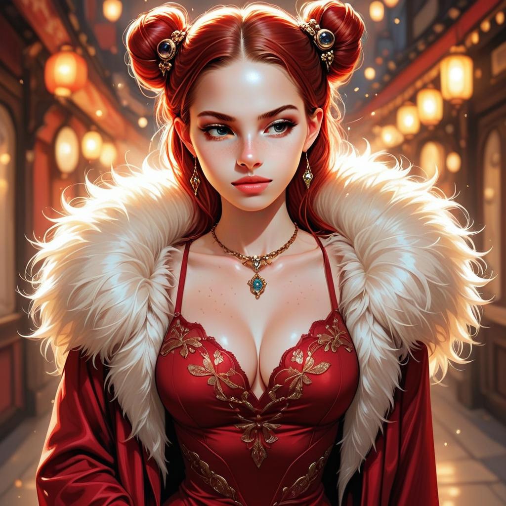 Young Woman in Red Gown with Gold Embroidery and Lanterns