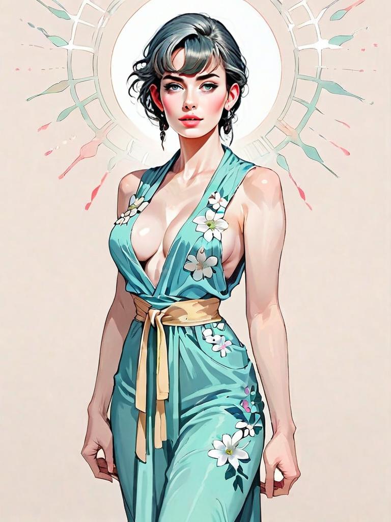 Realistic Comic Style Portrait of Woman in Floral Teal Dress Full Body