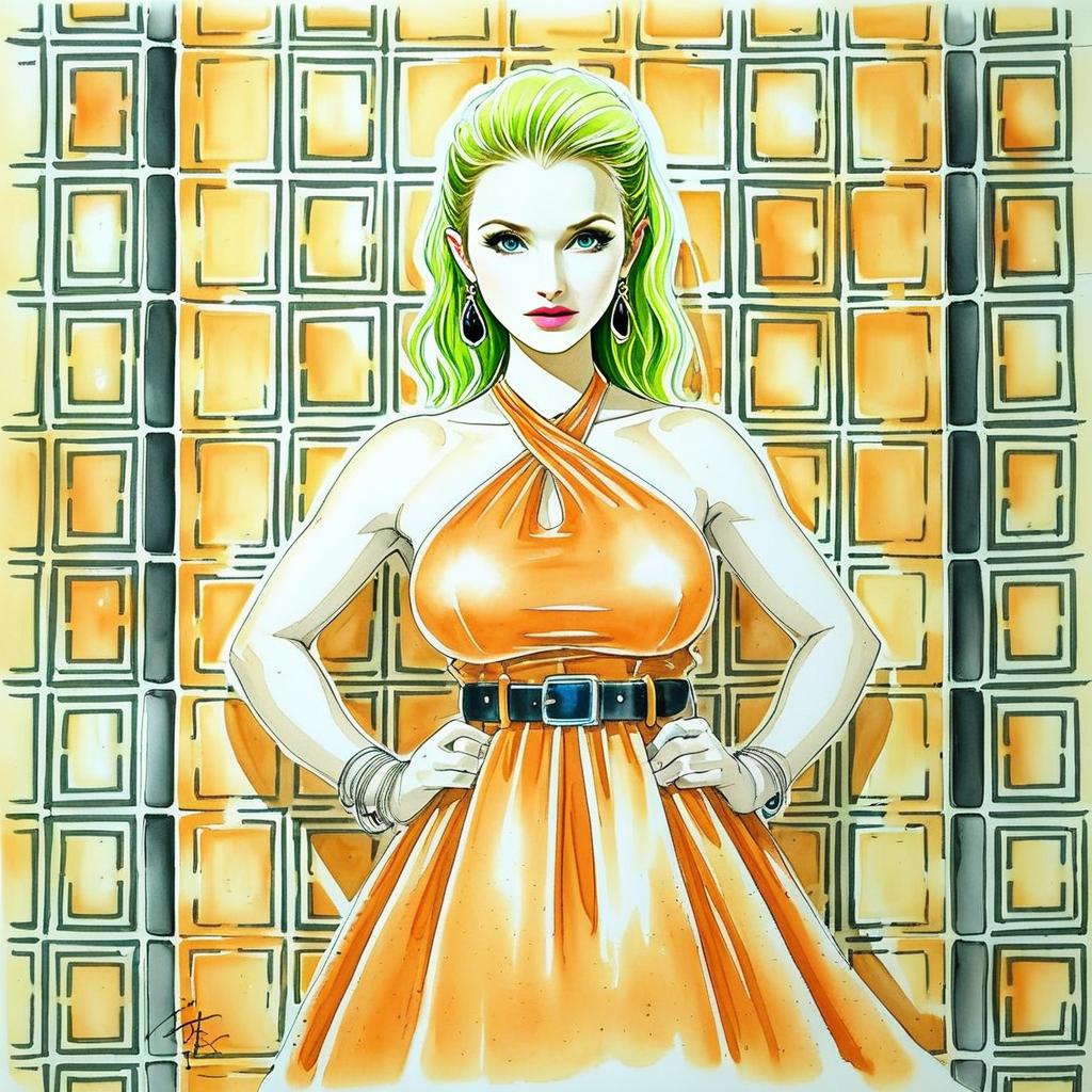 Confident Woman with Green Hair in Orange Dress Confident Woman with Green Hair in Orange Dress