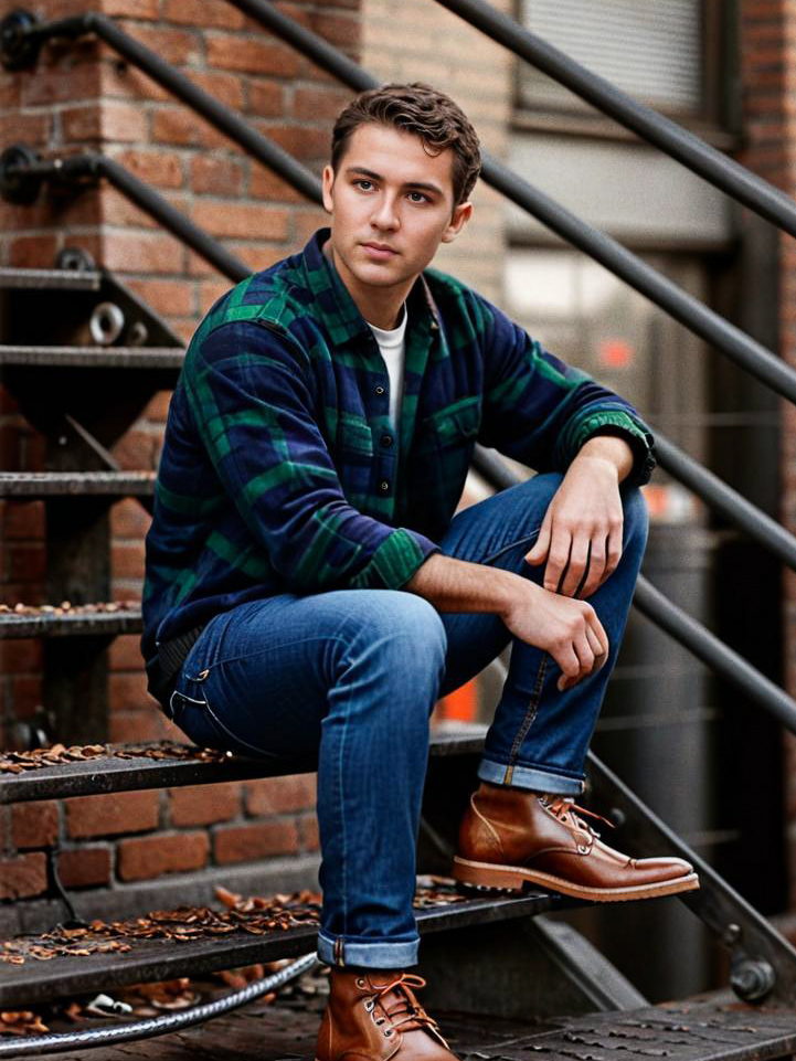 Confident Young Man in Trendy Outfit on Industrial Stairs