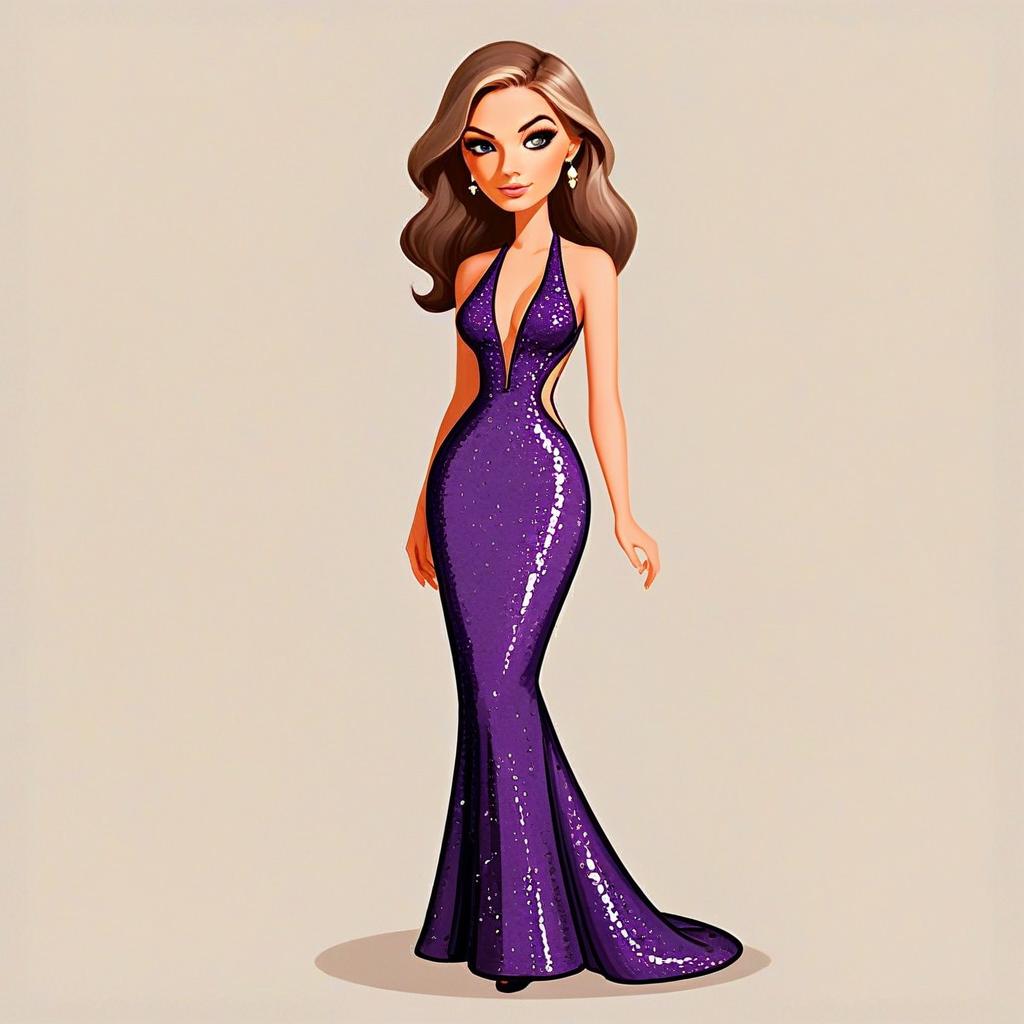 Glamorous Woman in Sequined Purple Evening Gown with Pretty Hair