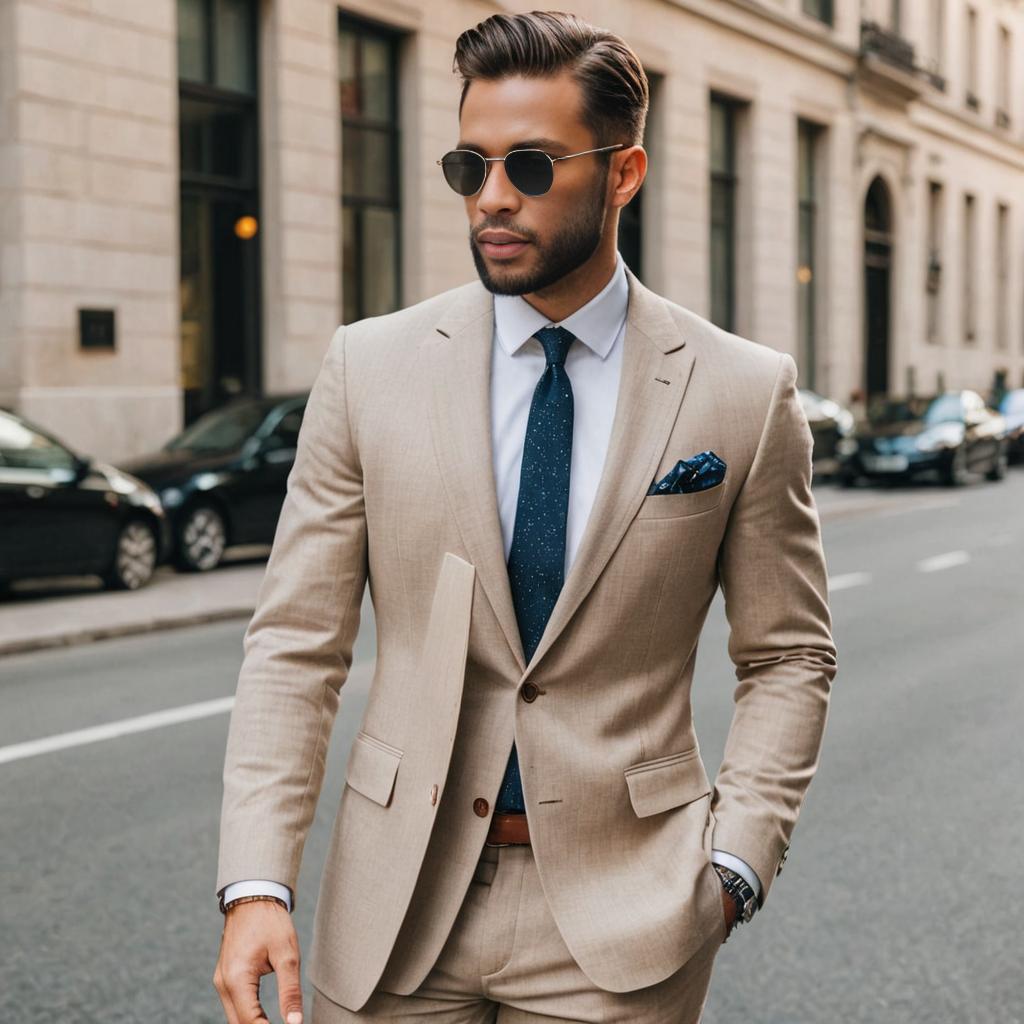 Stylish man in beige suit on city street