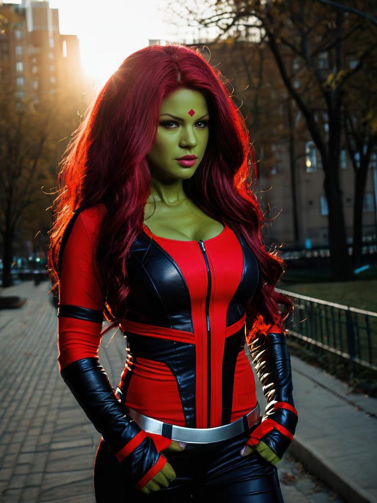 Realistic She-Hulk Cosplay Woman in Red and Black Costume Outdoors Realistic She-Hulk Cosplay Woman in Red and Black Costume Outdoors
