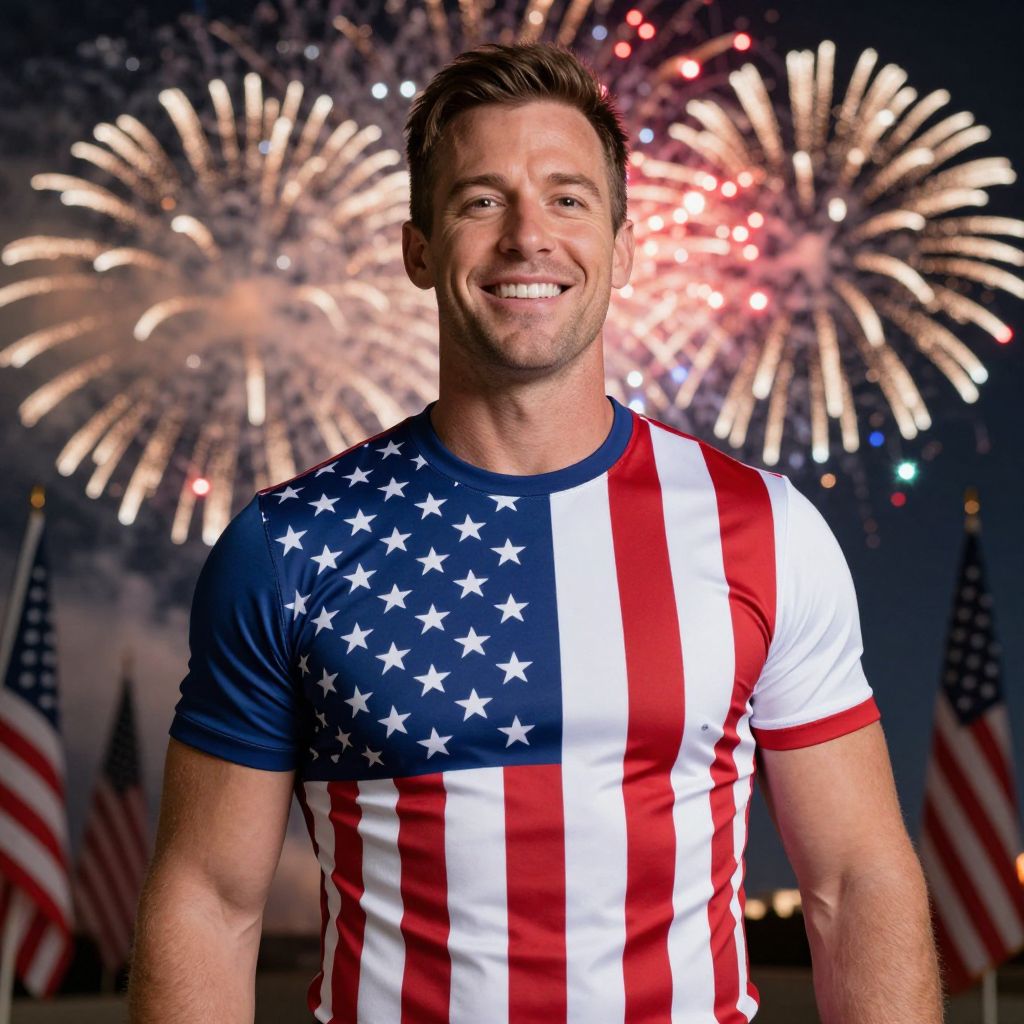Man Wearing American Flag T-Shirt with Fireworks Celebration