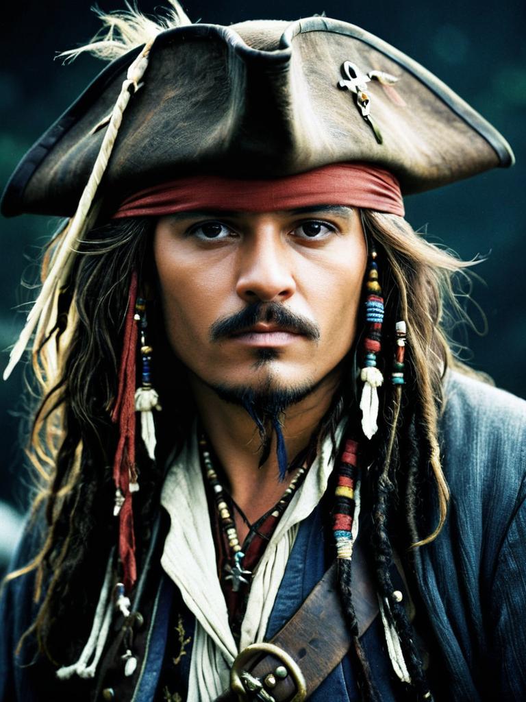 Pirate Man Portrait in Tricorn Hat and Dreadlocks