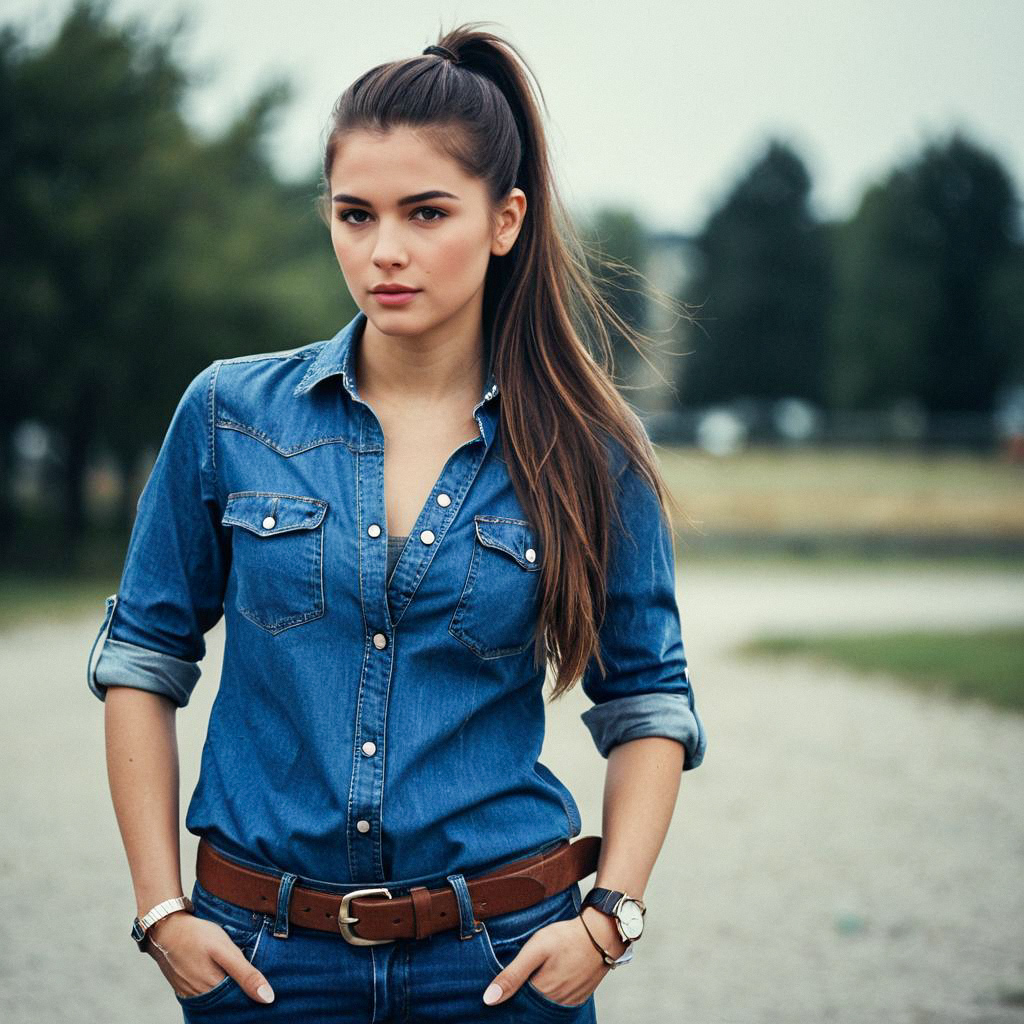 Confident woman in casual denim outfit outdoors
