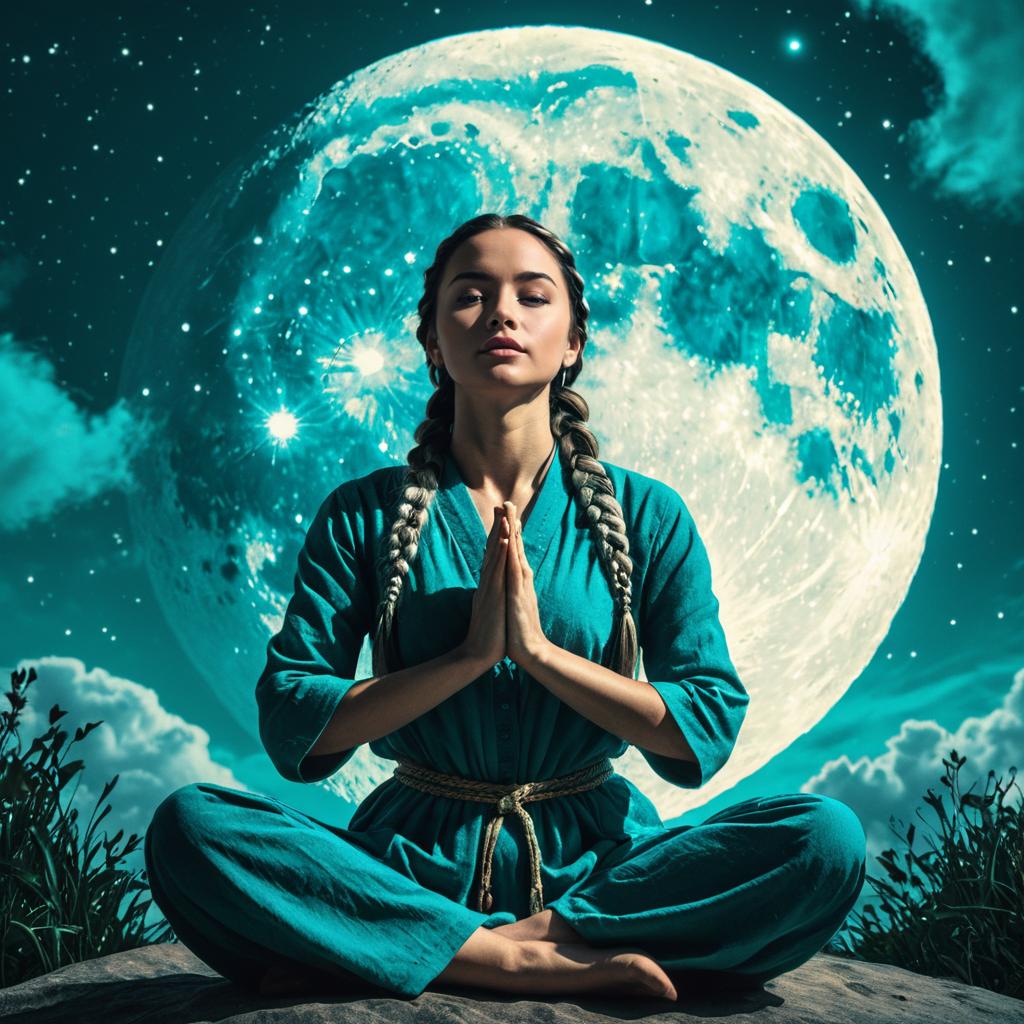 Meditative Woman in Teal with Full Moon Night Sky Background