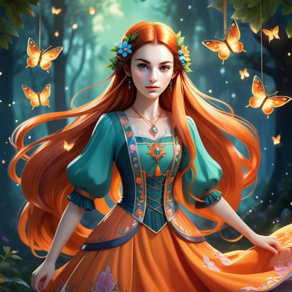 Young Woman in Enchanted Forest with Red Hair and Butterflies