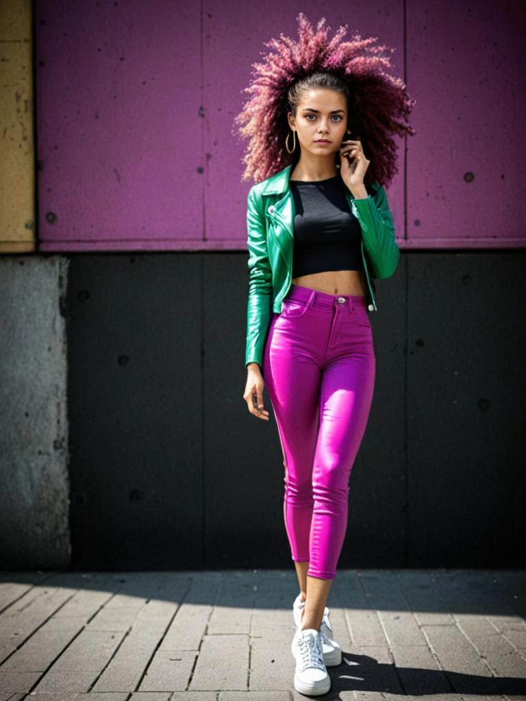 Fashionable Woman in Green Jacket and Pink Pants