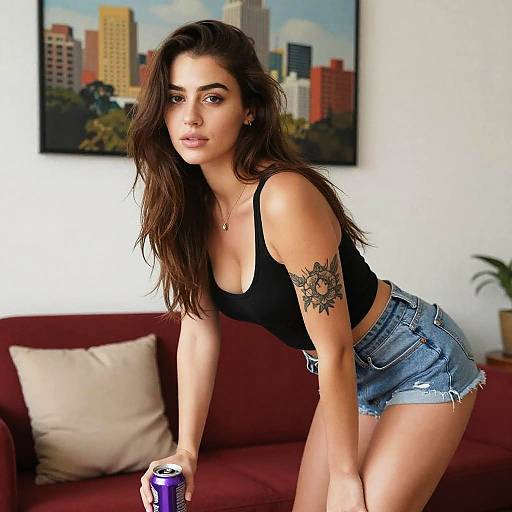Young Woman with Sun Tattoo Wearing Black Tank Top and Denim Shorts Leaning on Couch