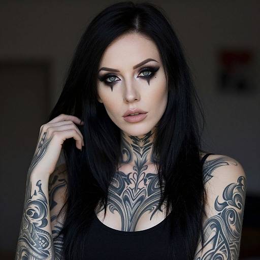 Portrait of Tattooed Woman with Gothic Makeup and Black Hair